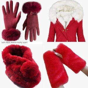 RED & WHITE FAUX FUR WINTER COAT, FAUX FURRY MITTENS, GLOVES & SCARF * ALL NEW!
